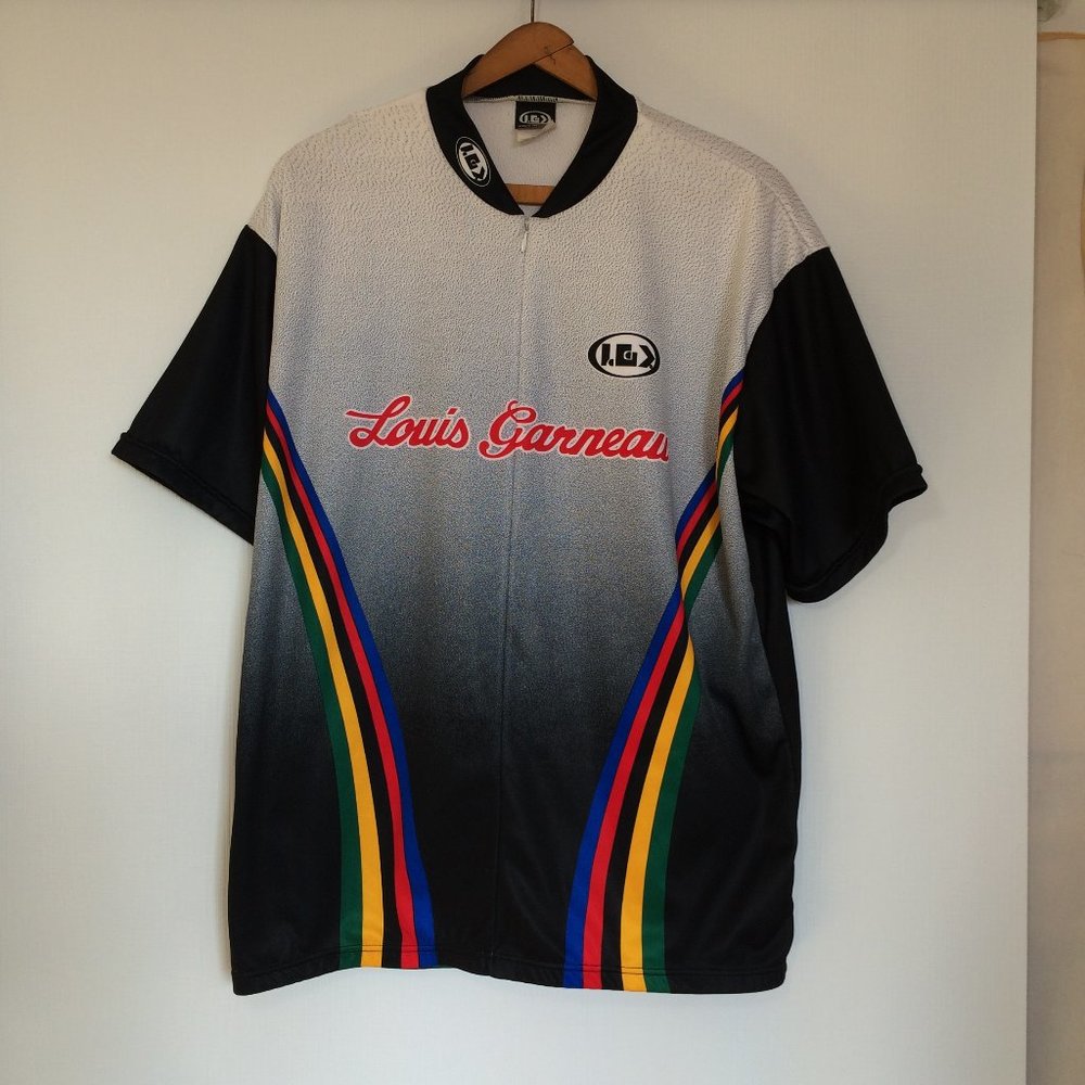 Louis Garneau Mens Cycling Jersey XL Gray Black Red Lettering 3\4 Zip Polyester